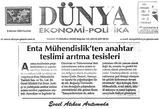 ENTA MÜHENDISLIK’TEN ANAHTAR TESLIMI ARITMA SISTEMLERI 03.06.1998